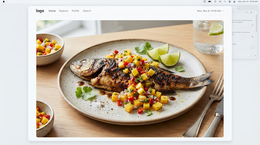 Charred whole jerk seabass filet with crispy skin, brushed with allspice glaze and topped with a vibrant diced mango and scotch bonnet relish with lime.