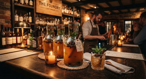 Intimate candlelit cocktail bar counter with artisanal handcrafted glass carafes of spiced palm wine punch garnished with charred star anise, cinnamon stick, and fresh mint sprigs in Canterbury.