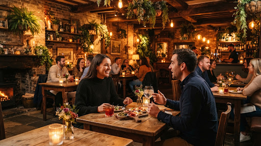 Intimate candlelit dining lounge setting inside historic Canterbury brick building with patrons conversing naturally over cocktails and shared small plates, warm amber lighting with lush indoor greenery.