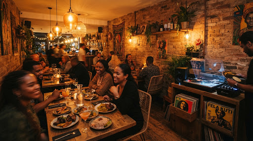 Intimate evening ambiance inside a warm Afro-Caribbean dining sanctuary with glowing amber pendant lamps, wooden dining tables filled with small plates and cocktail glasses, a vintage turntable setup playing vinyl records in the corner, deep leaf green accents, and shadows dancing across exposed brick walls in Canterbury.