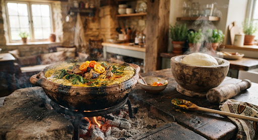Rich cinematic close-up of a rustic handcrafted Nigerian earthenware pot simmering with golden egusi soup over gentle open wood fire embers, garnished with wilted bitterleaf, smoked fish, and fresh Scotch bonnet chillies. Beside it sits a carved wooden mortar with steaming pounded yam on a weathered dark timber kitchen prep table in an artisanal Canterbury dining room.