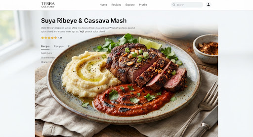 Suya spiced ribeye cut seasoned with authentic West African peanut spice blend, served alongside smooth creamy cassava mash and rich charred red bell pepper reduction on artisanal pottery.