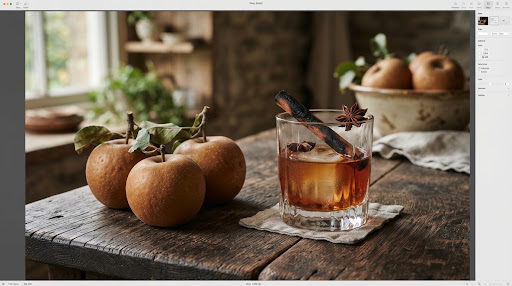 Editorial photograph of fresh rustic Kentish russet apples resting on dark wood next to amber dark aged rum in an old-fashioned glass with scorched cinnamon and star anise.
