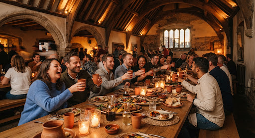 A long convivial communal wooden banquet table lit by warm candle votives in Ola Hola lounge at sunset, filled with guests sharing platters of grilled snapper, spiced plantains, small carafes of wine, animated laughter, and terracotta cups under historic Canterbury vaulted timber ceiling.