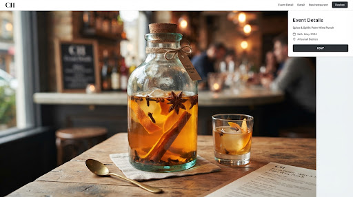 Artisanal glass carafe containing clear amber spiced palm wine punch cocktail infused with cloves, bitter orange peel, and dark rum aromatics.