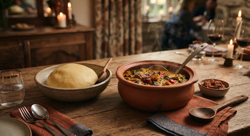 Editorial overhead and side view photograph of warm Nigerian pounded yam in hand-thrown rustic stoneware alongside an authentic terracotta vessel filled with deep golden red egusi soup, studded with upland greens, charred bell peppers, and delicate steam in the moody, warm amber lighting of an upscale Canterbury dining room.