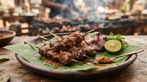 Close up artisanal culinary preparation of authentic hearth-grilled beef suya skewers, coated in spicy peanut yaji rub, resting on banana leaf with charred red onions and heirloom lime.
