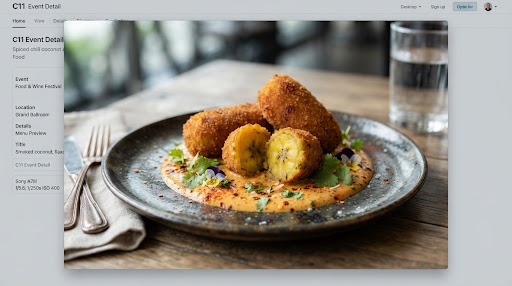 Golden crisp plantain croquettes with tender interior, placed over a spiced chili coconut reduction with fragrant micro-coriander leaves.