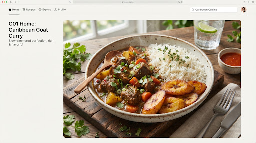 Slow simmered Caribbean goat curry in deep fragrant spiced brown gravy, paired with aromatic steaming basmati rice, sweet golden caramelized fried plantain wedges, and fresh herbs.