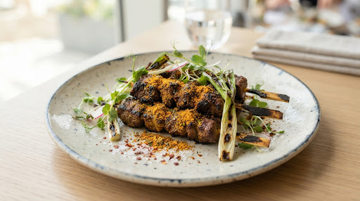 Gourmet suya beef skewers dusted in coarse golden peanut spices, garnished with micro-greens, charred spring onion stalks and smoked sea salt on a ceramic plate.