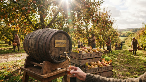 Sunlit Kentish apple orchard near Canterbury during autumn harvest with wooden crates filled with heirloom Bramley and Russet apples. In foreground, an aged French oak cask of Barbados dark rum being tapped with brass spout, sunbeams filtering through fruit tree branches.
