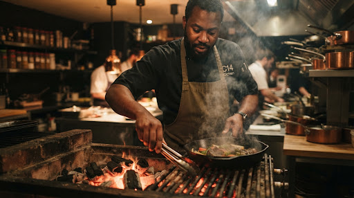 Candid, warm photograph of Chef Olu adjusting glowing hardwood charcoal embers under a cast-iron pan in a dim, atmospheric restaurant kitchen in Canterbury, smoke softly diffusing under warm hanging pendant lights.